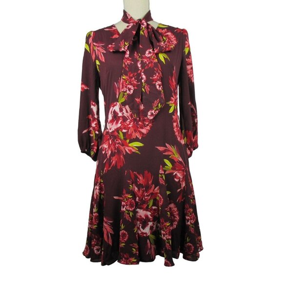 WHBM Elbow-Sleeve Godet Dress Women’s Size 2 Floral Chiffon Sash Tie $180 - Picture 7 of 11